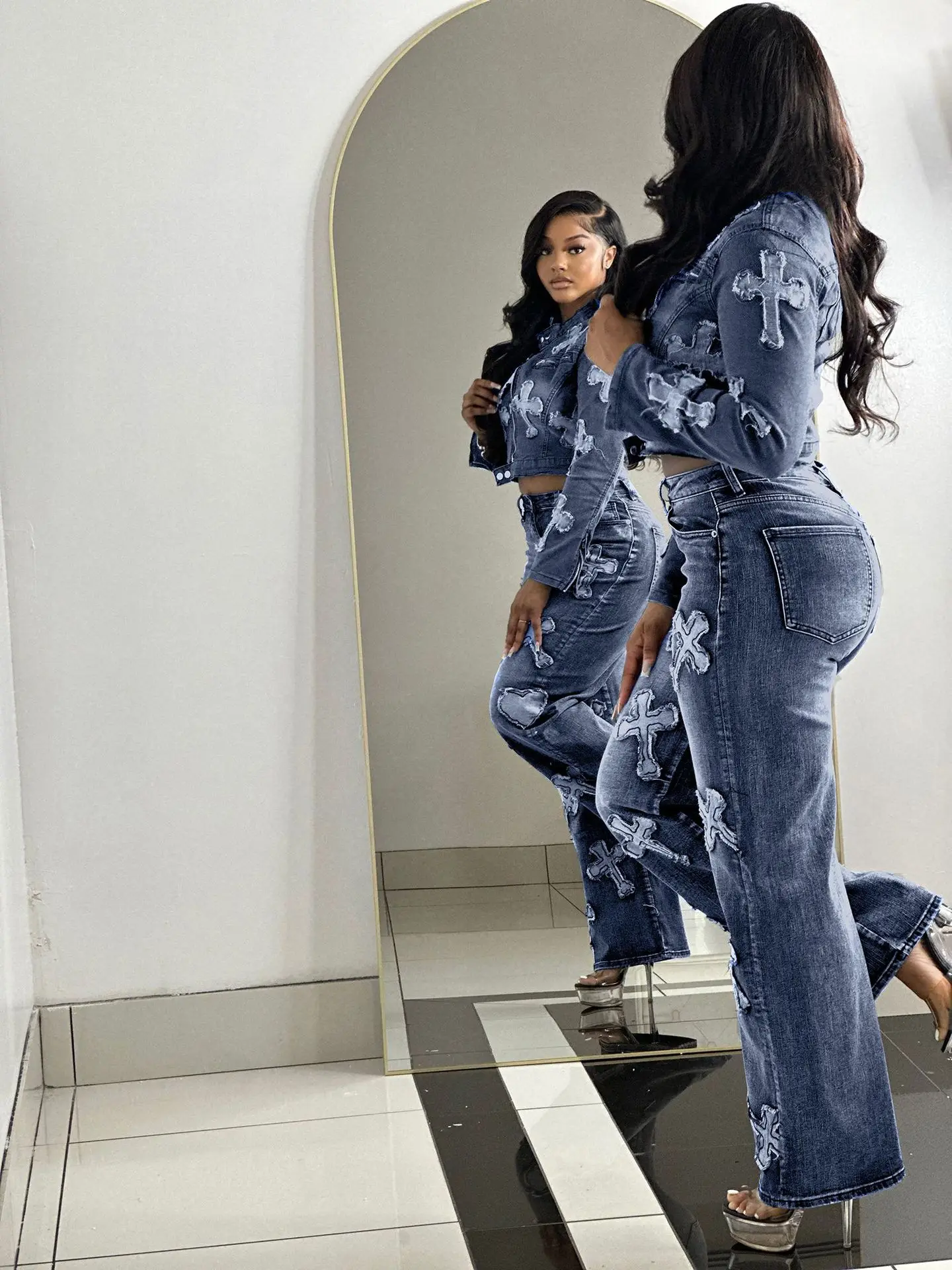 Женские комплекты осенне-зимняя Модная Джинсовая куртка с вышивкой и прямые