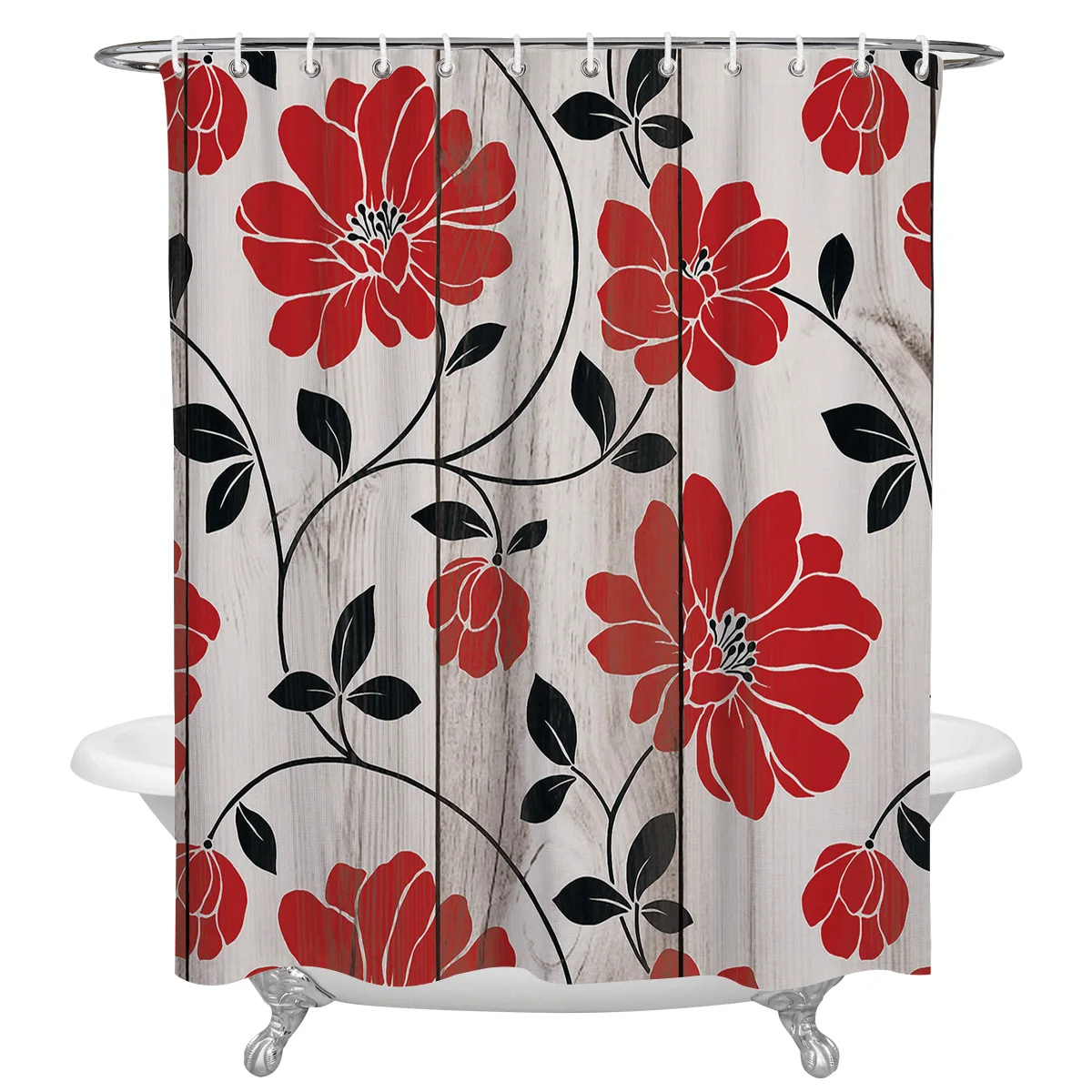 

Vintage Wooden Texture Red Flower Shower Curtains Bathroom Curtain Frabic Waterproof Polyester Bathroom Curtain with Hooks