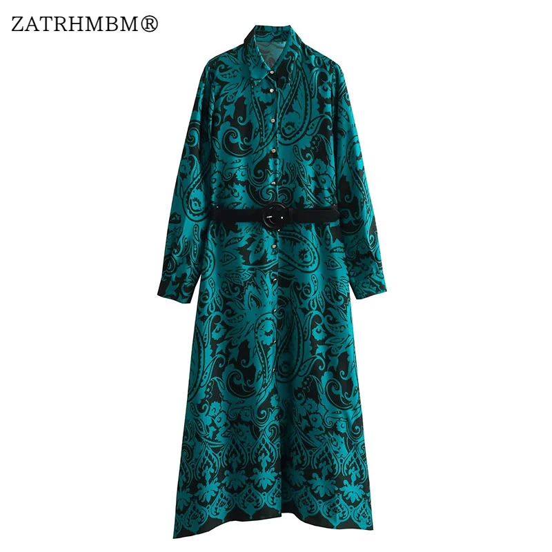 

ZATRHMBM женское осеннее Новое модное элегантное платье миди с принтом винтажное платье с длинным рукавом и поясом женские платья Vestidos Mujer 2023
