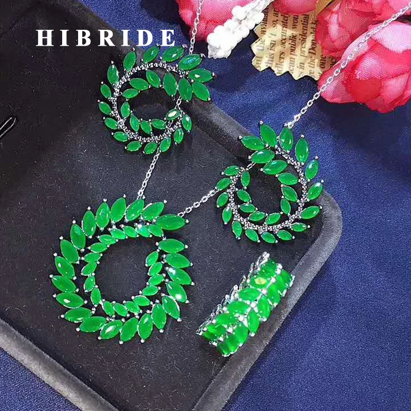 

Fashion Luxury Green Cubic Zircon Women Jewelry Sets Bridal Wedding Necklace Pendant Ring Earring Set parure bijoux femme N-296
