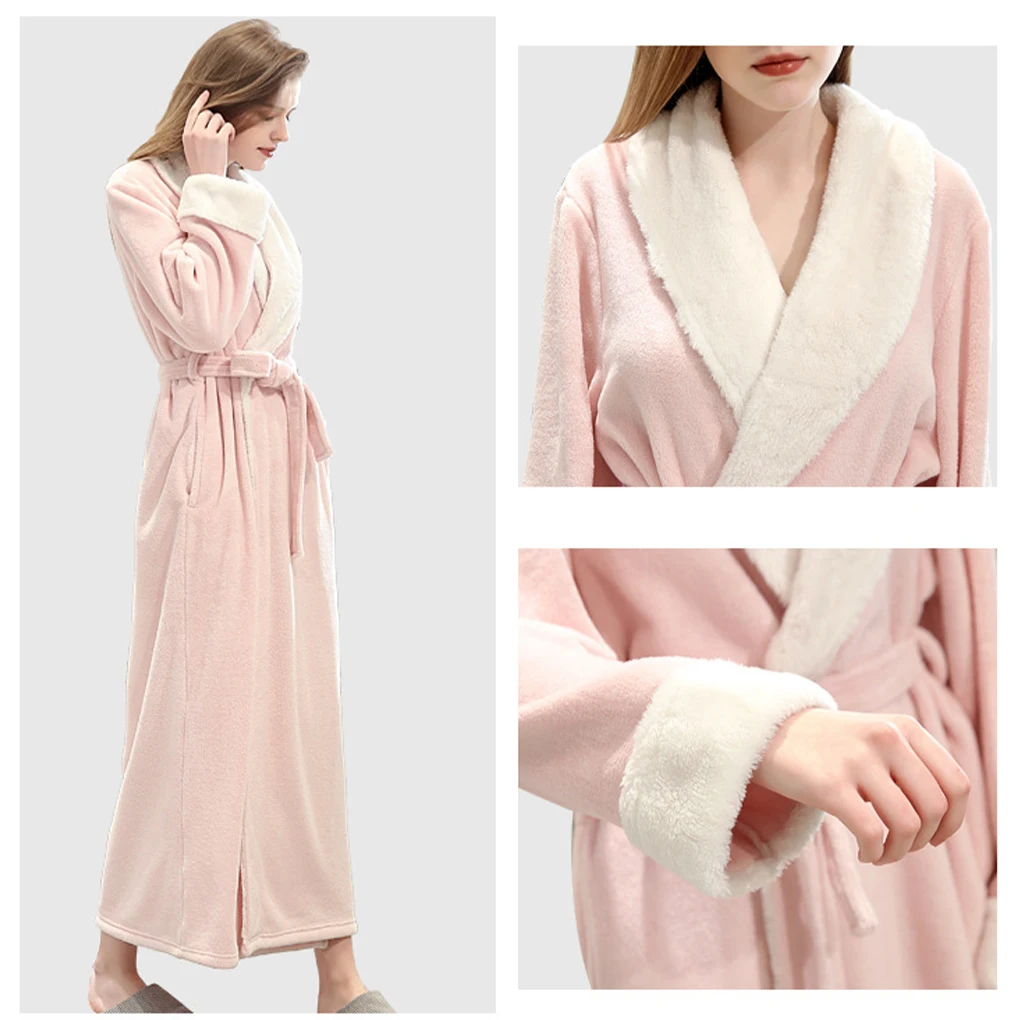 Thick Flannel Long Robe Full Length Bathrobe Long Sleeve Casual Warm Nightgown Sleepwear Breathable Housecoat Clothing