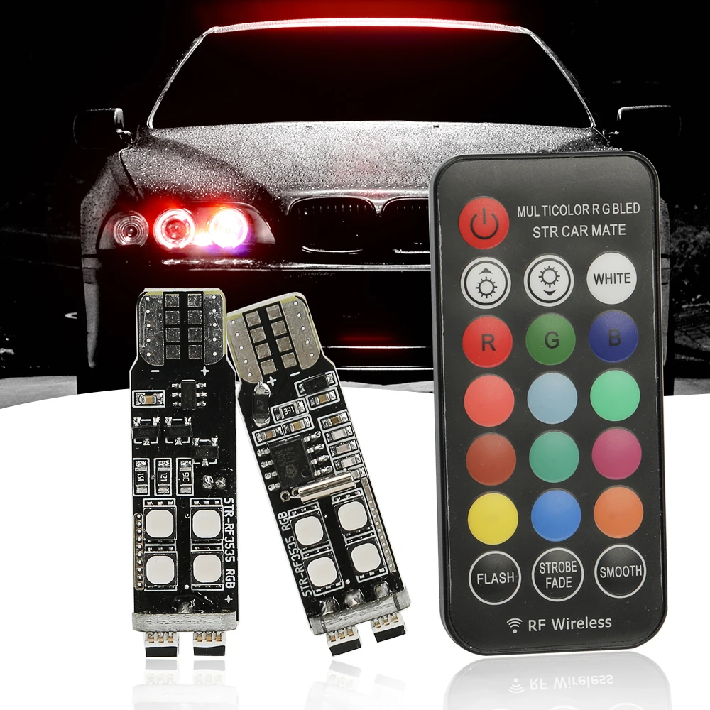 

Car LED Light T10 RGB W5W 3535 10SMD RF Flash Strobe Light 194 DC 12V Wedge Side Lamp Atmosphere Turn Lights With Remote Control