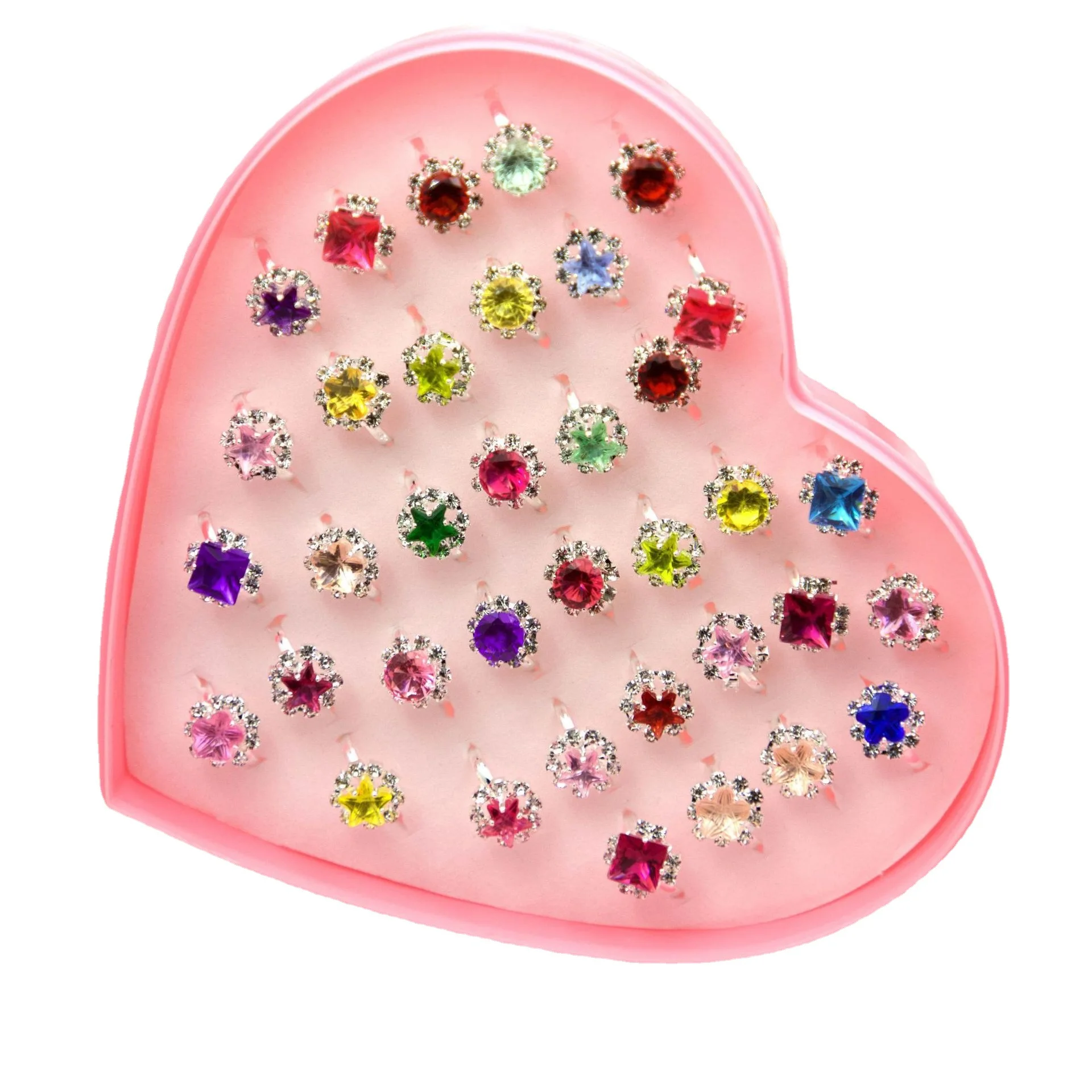 36pcs Children's Peach Heart Box Color Diamond Ring Diamond Ring Fashion Girl Birthday Gift Toy for Baby Party Gifts