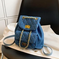 trendy quilted denim chain small women backpack brand designer padded ladies travel bagpack blue girls school bags summer 2022