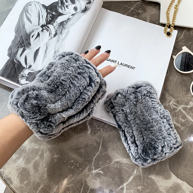 ZDFURS*2021 Winter Rex Rabbit fur gloves cute rabbit fur warm half finger gloves stretch wrist  костет боевой가죽장갑