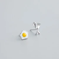 original silver color asymmetric knife fork poached egg stud earrings handemade earring for women lady party jewelry
