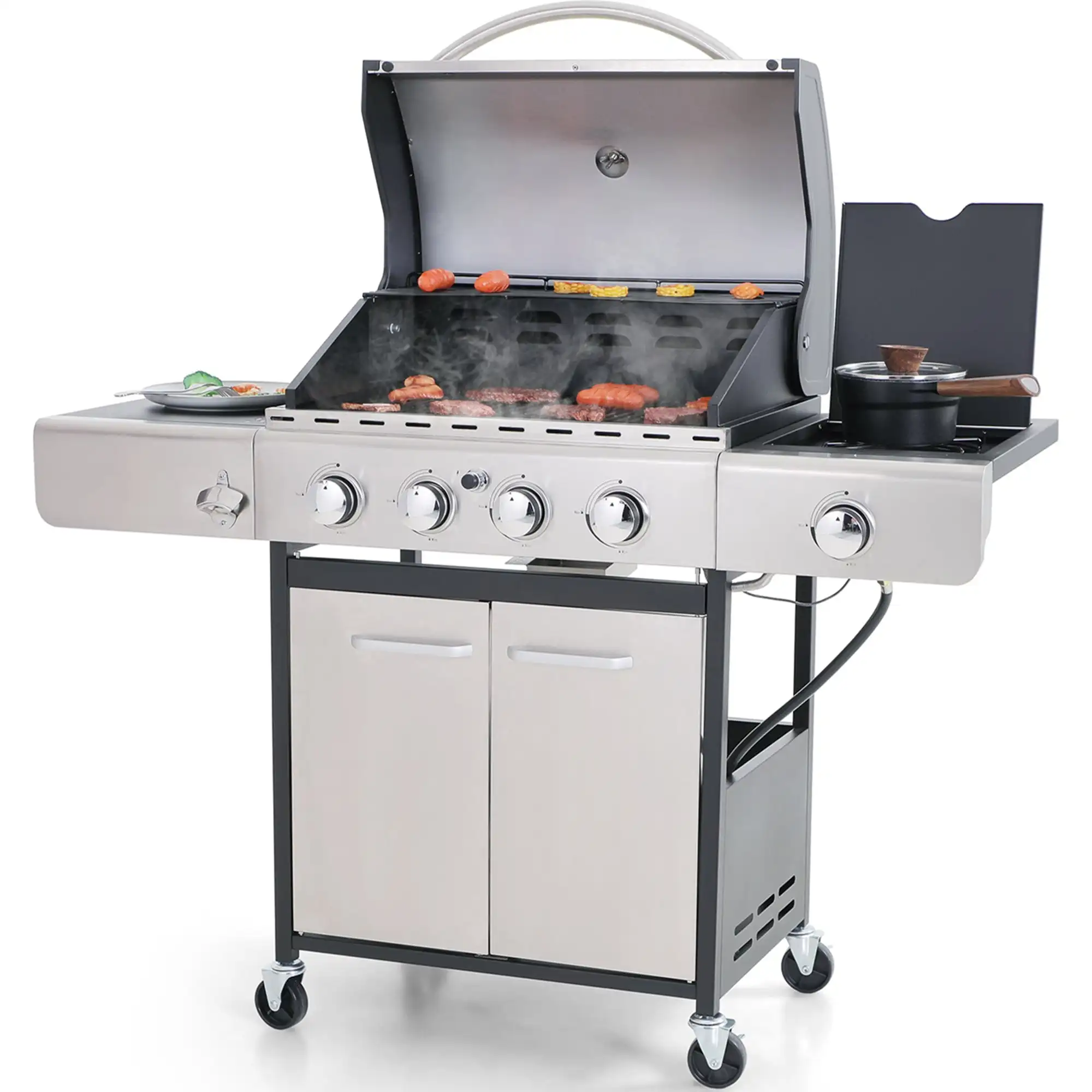 

HuanQiu Stainless Steel Portable 4-Burner Propane Gas Grill with Side Burner