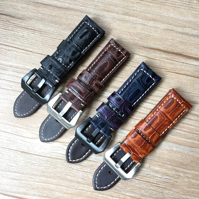 

22mm 26mm Blue Black Brown Crocodile pattern Leather Watchband Replace Panerai PAM Big Pilot Military Watch Strap Bracelet