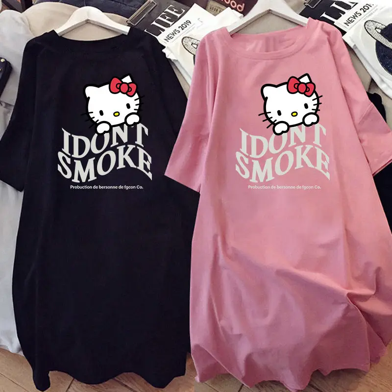 

Hello Kitty Nightdress Anime Kt Cat Short-Sleeved Tops Cartoon Female Summer Large Size Loose Dress Student Soft Tracksuit Gifts