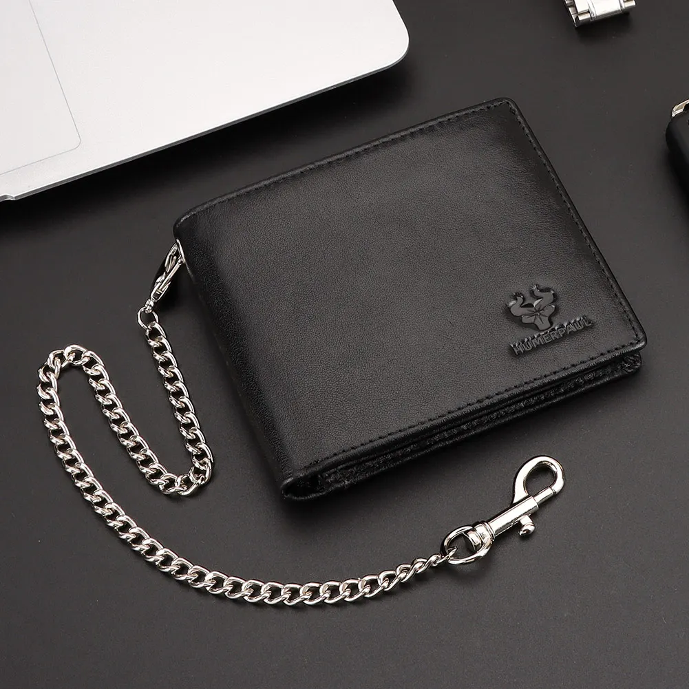 Short Genuine Leather Men Wallet Vintage Large-capacity Credit Card Holder Wallets RFID Protect Purse with Long Anti-theft Chain