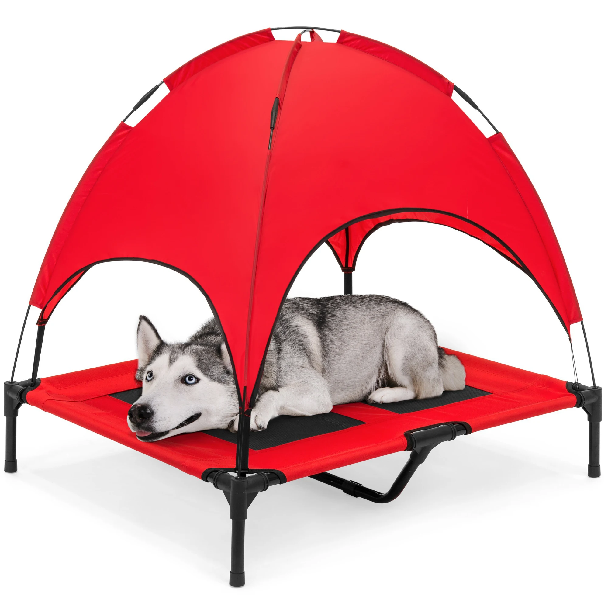 

HMTX 36in Outdoor Raised Mesh Cot Cooling Dog Pet Bed w/ Removable Canopy, Travel Bag - Red
