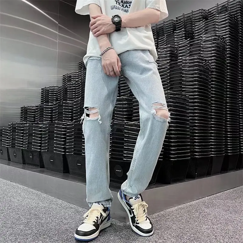 Vintage Streetwear Korean Fashion Ripped Baggy Pants Blue Hip Hop Wide Leg Jeans for Men Denim Trousers