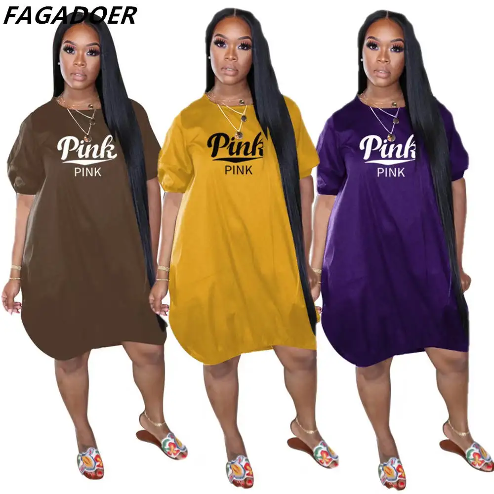 

FAGADOER Women Loose Puff Sleeve A-Line Dress Casual PINK Letter Print Round Neck Mini Dresses Summer Female One Piece Vestidos