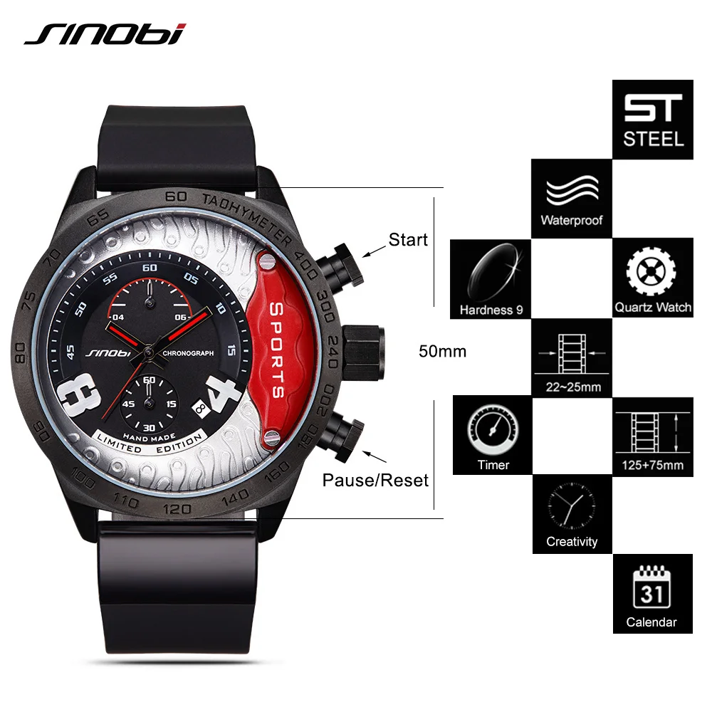 

Fashion SINOBI Creative Men's Sports Racing Watches Functional Men's Wristwatches Waterproof Geneva Quartz Men Sports Watch