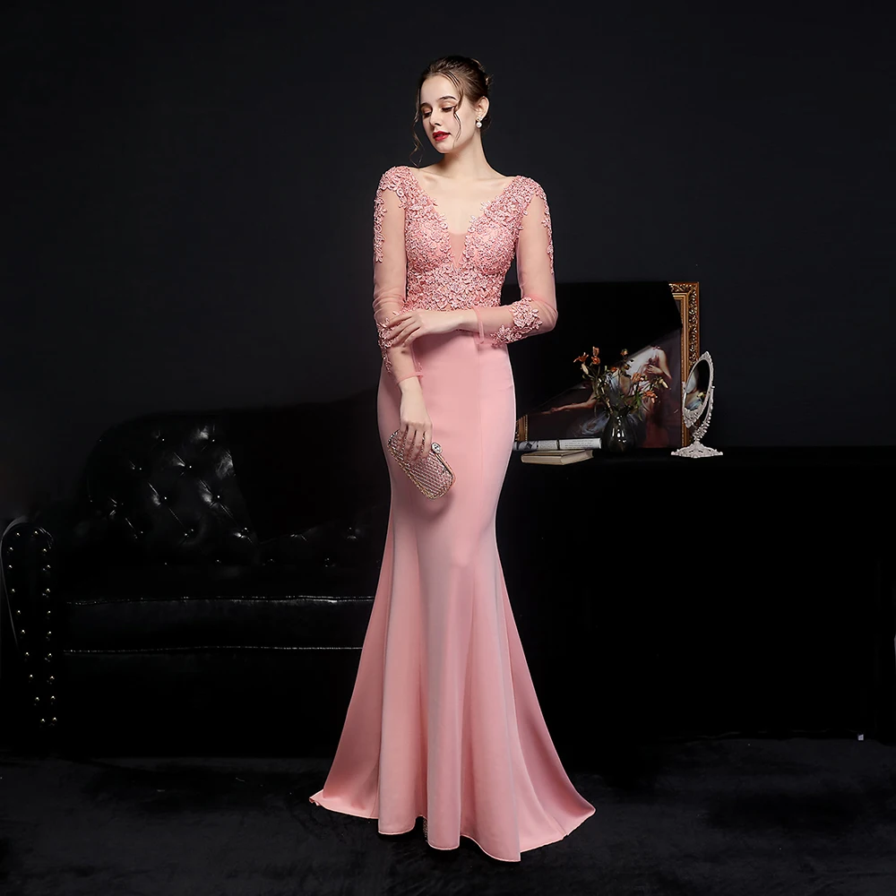 Sexy Womens V-neck Long Sleeves Lace Prom Wedding Evening Cocktail Dress Ball Gown