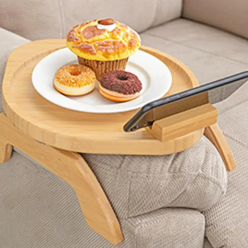 

Couch Arm Table Wood Armrest Tray Foldable Couch Cup Holder for Remote Control for Eating and Drink Stable Sofa Arm Table