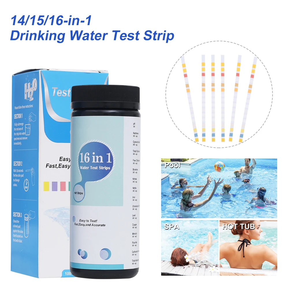 

100Pcs 16-in-1 Aquarium Test Strip Fast Accurate Water Quality Testing Strips To Detect PH Hardness Nitrite Nitrate Chlorine