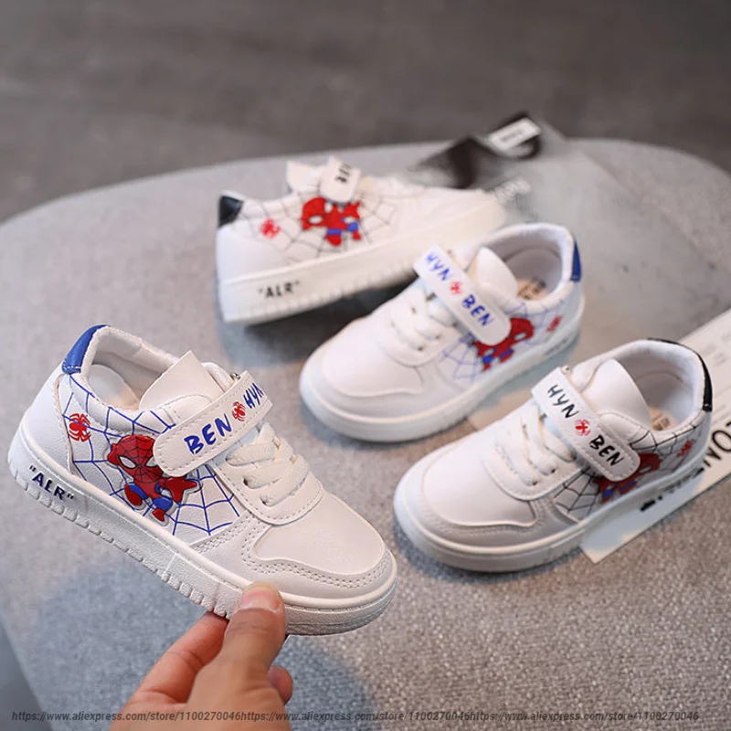 Disney Boy's SpiderMan White Shoes 3-10 Years Old Casual Sports Shoes Spring and Autumn Girls Flat Shoes Sneaker Size 27-38