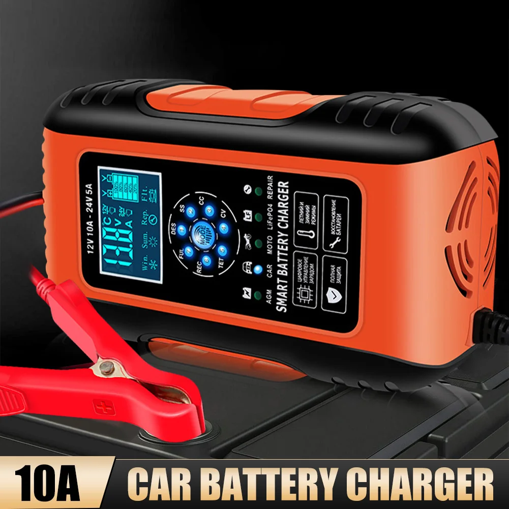 12V 24V Intelligent Car Battery Charger Fully Automatic 7-Stage Car Motorcycle Battery Charger LCD Display for Lead Acid AGM Gel