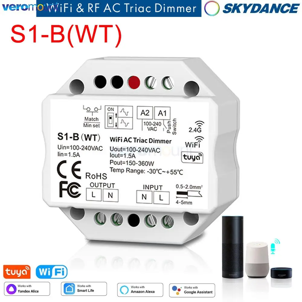 Фото Skydance 1CH * 1,5A WiFi + RF + Push AC Диммер с фазовым вырезом S1-B (WT) Диммер триака Tuya APP Облако/голосовое управление S1-B WT Светодиодный контроллер №1