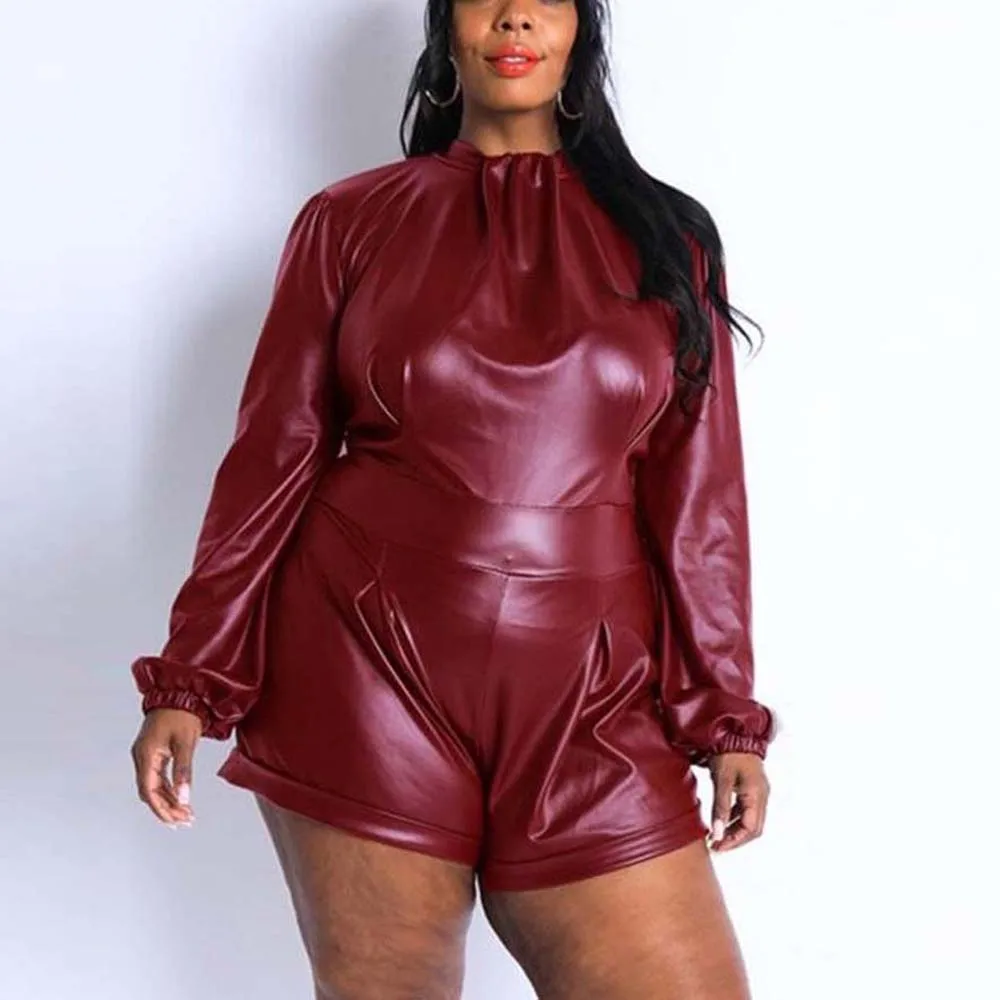 

Burgundy Pu Leather Playsuits and Jumpsuits for Women Winter Autumn Full Sleeve High Waisted Backless Elegant Evening Night Hot