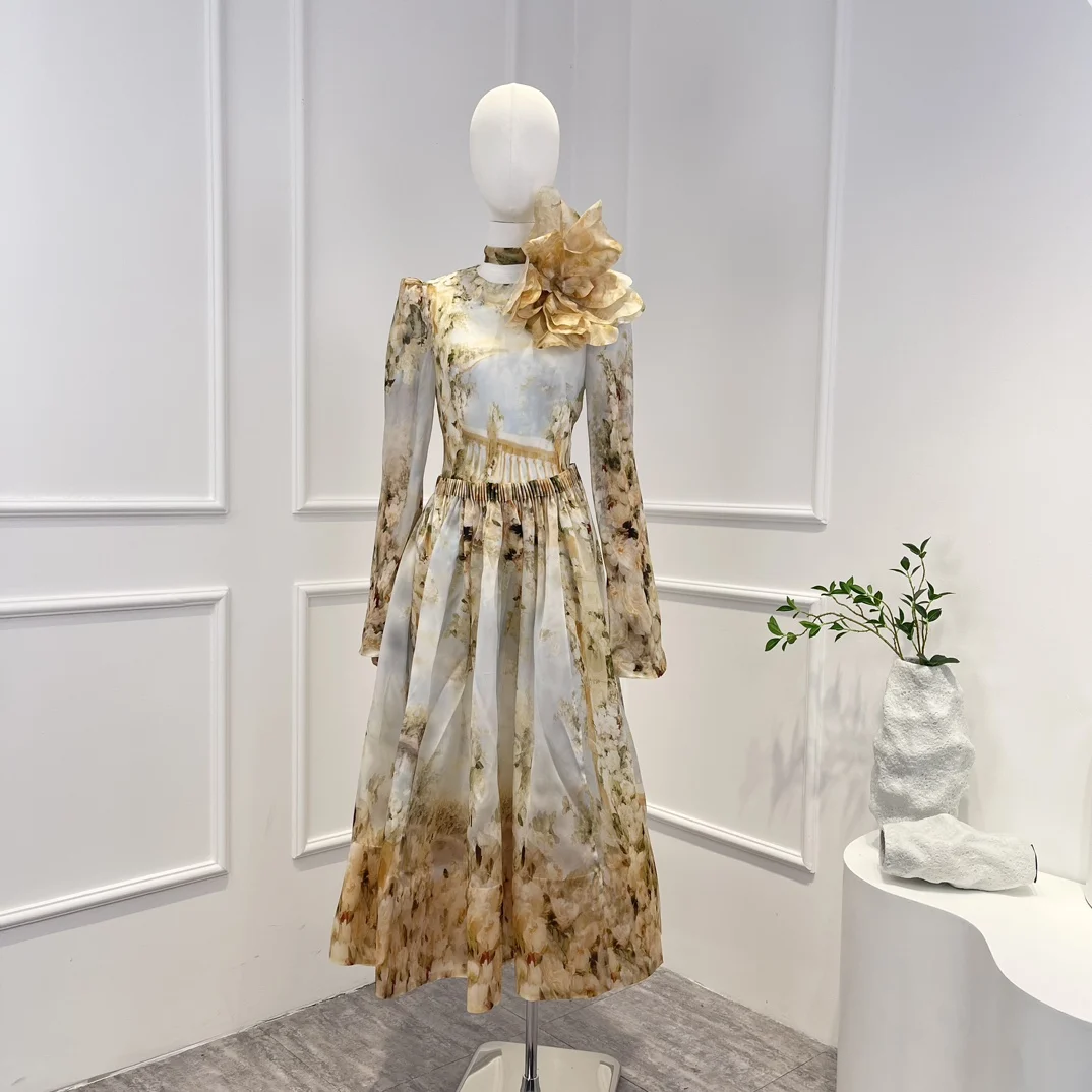 

2023 Новое поступление высокое качество цветочный принт винтажное трехмерное Цветочное платье миди с длинным рукавом и рюшами