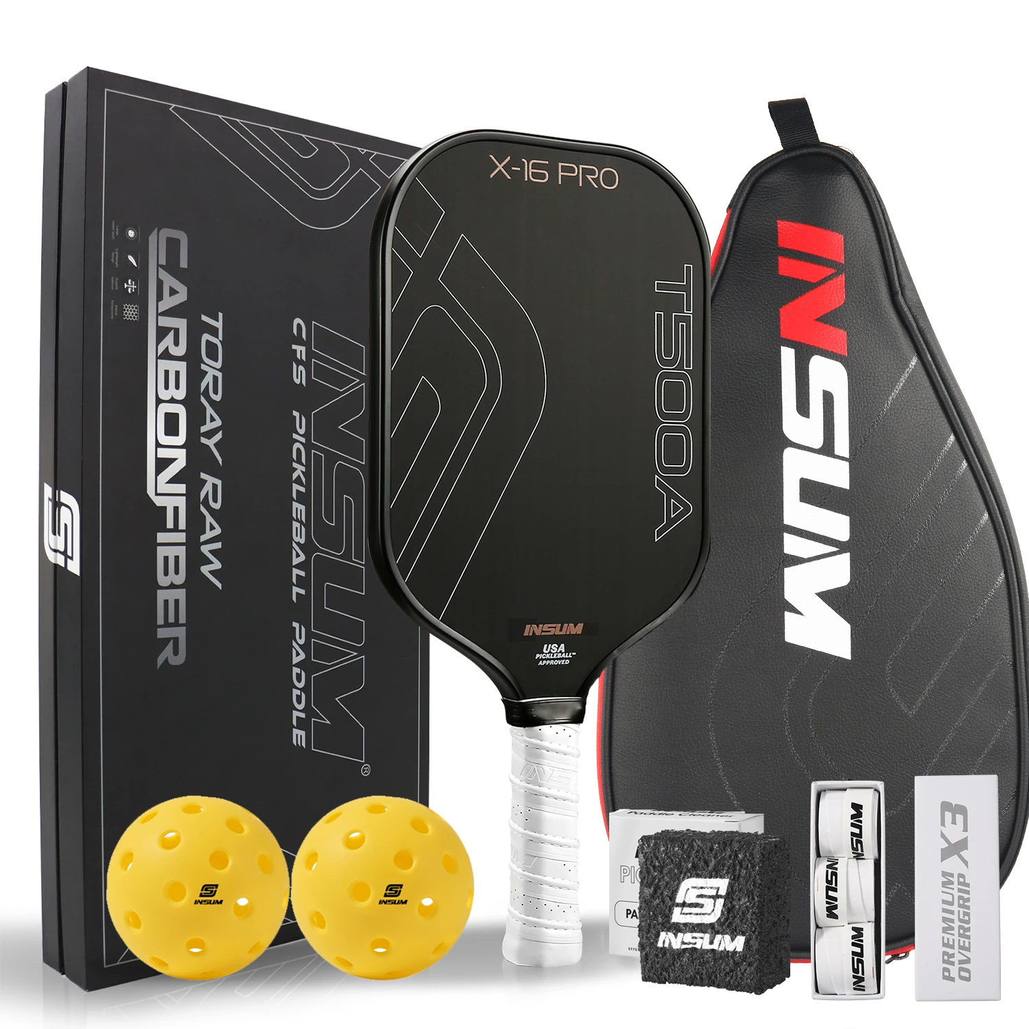 T500A Toray Raw Carbon Fiber 16mm Pickleball Paddle Sets USAPA Approved Designed for Ultimate Spin &amp Consistency Rackets - Black