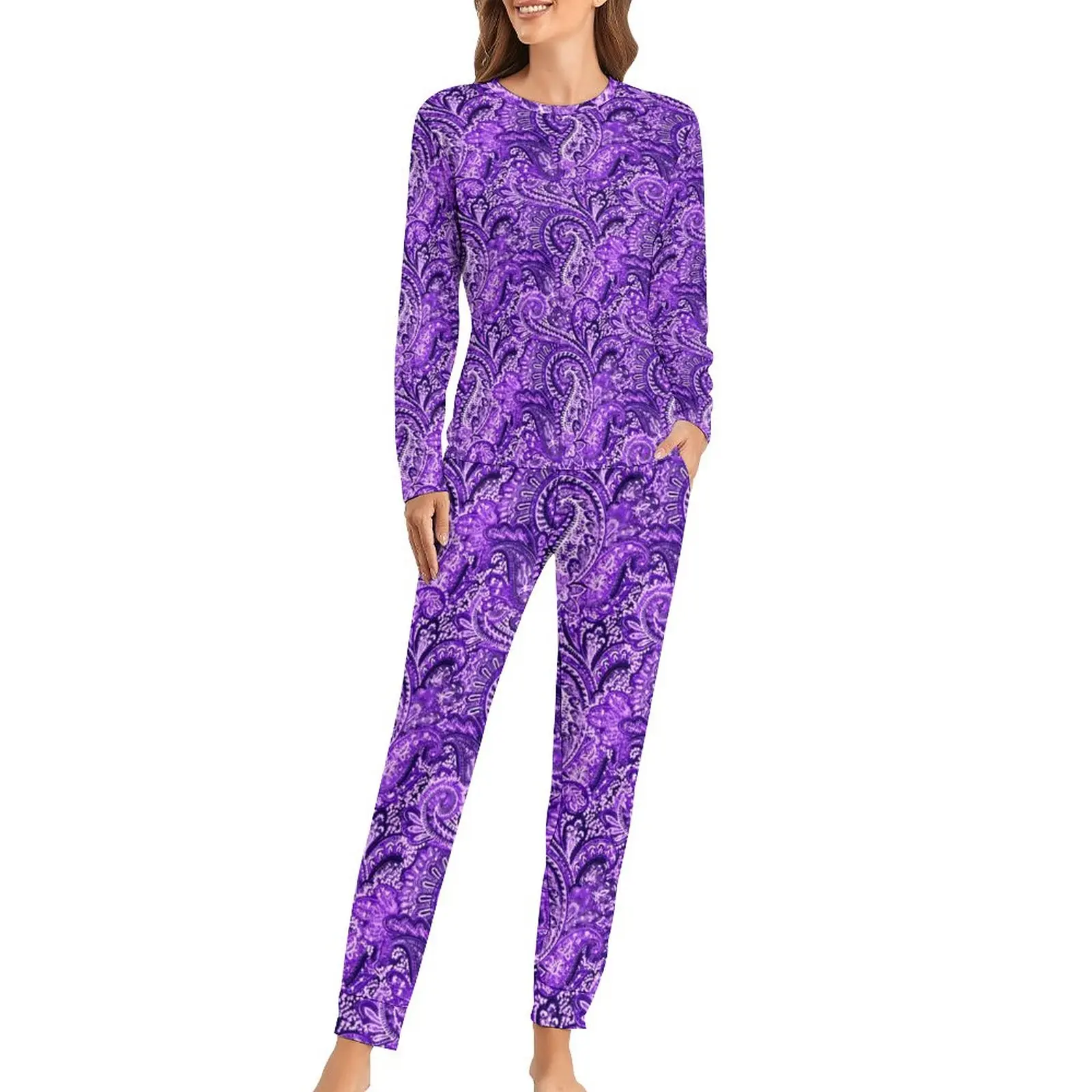 

Purple Paisley Pajamas Woman Vintage Print Romantic Sleepwear Daily 2 Pieces Night Oversized Pajamas Set