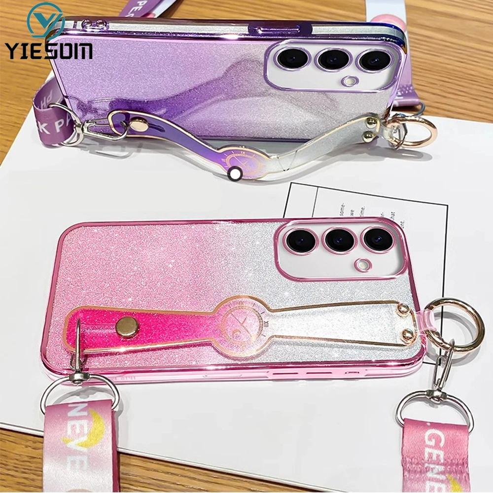 Блестящий чехол с ремешком на запястье для телефона Samsung Galaxy S24 S23 S22 S21 S20 Ultra Plus FE