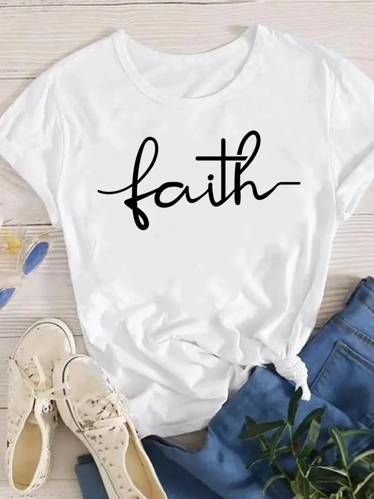 

Clothes Fashion Faith Letter Lovely Cute Casual Ladies Women Print Female Clothing Short Sleeve T-shirts Summer T Graphic Tee