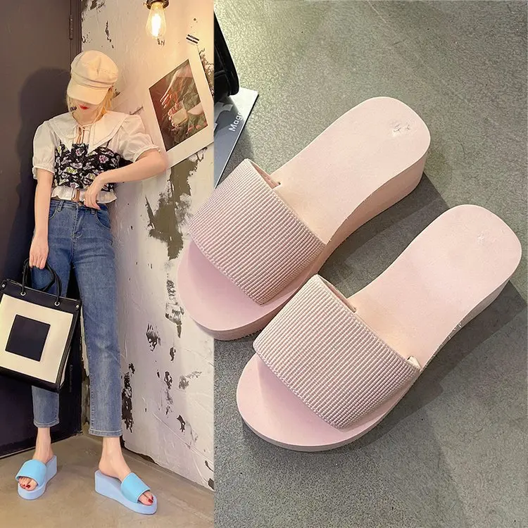 

Slippers Women Summer Platform Low Shoes On A Wedge Slides Pantofle 2022 Hoof Heels Fabric Basic PU Rome TPR On A Wedge Shoes Wo