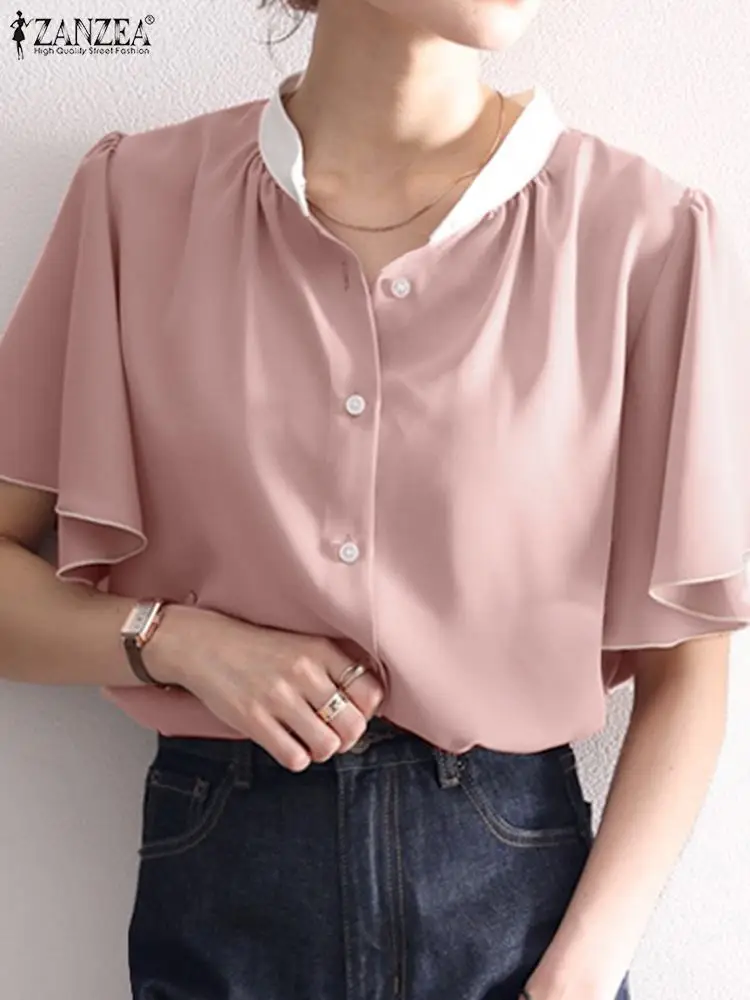 

ZANZEA Summer Woman Ruffles Blouse Blusas Half Flare Sleeve O-Neck Buttons Tops Femme Fashion Elegant Vintage Work OL Shirt 2022