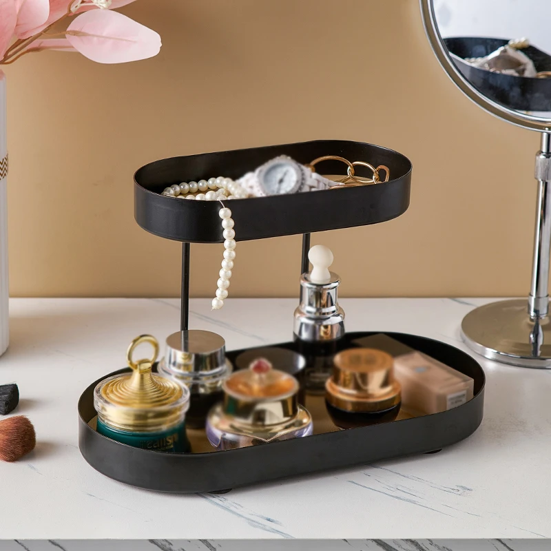 

Double Storage Tray Black Metal Jewelry Cosmetic Tea Cup Candle Storage Tray Porch Desktop Decor Storage Box Double Storage Rack
