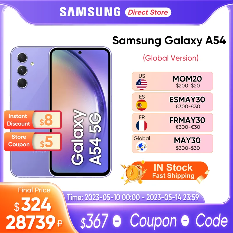 

2023 Samsung Galaxy A54 5G Smartphone Android 13 Exynos 1380 Octa-core 120Hz Super AMOLED 5000mAh 25W Fast Charge Mobile Phone