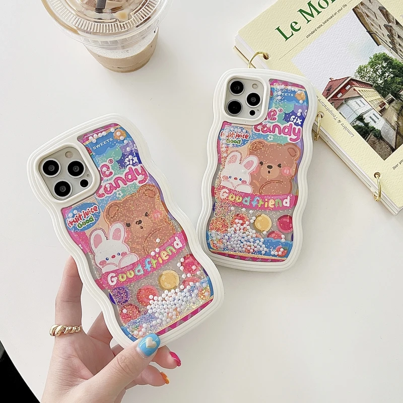 

Luxury Wavy Borde Cute Candy Bear Liquid Quicksand Phone Case For iPhone 11 12 13 Pro Xs Max Xr X Shockproof Hard PC Back Cover