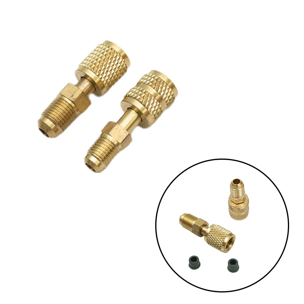 

High Quality New AC Refrigerant Adapter 2Pcs Set 5/16\\\" Brass For Valve System Tool Gold R410a SAE Male Female