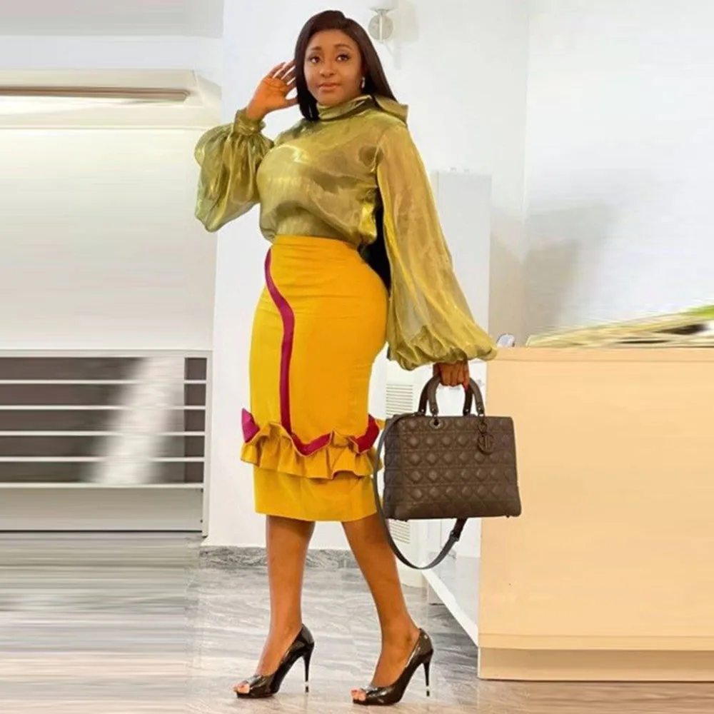 Юбка-карандаш желтого цвета с оборками