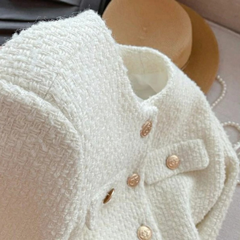 Женская однобортная твидовая куртка Элегантная короткая без карманов с круглым