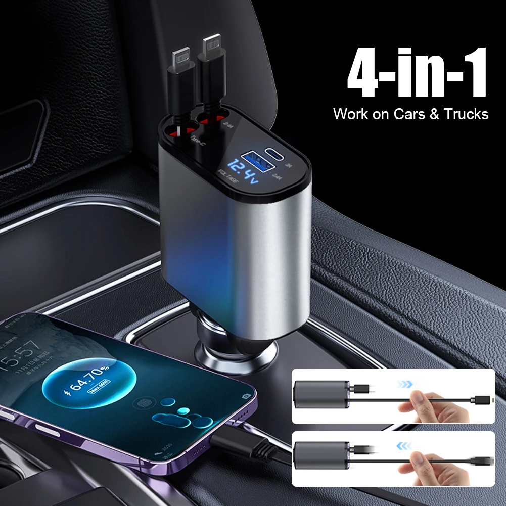 

100W Car Charger 4 IN 1 Dual USB Ports with 2 Telescopic Cable Fast Charging Cigarette Lighter Adapter for iPhone Huawei Samsung
