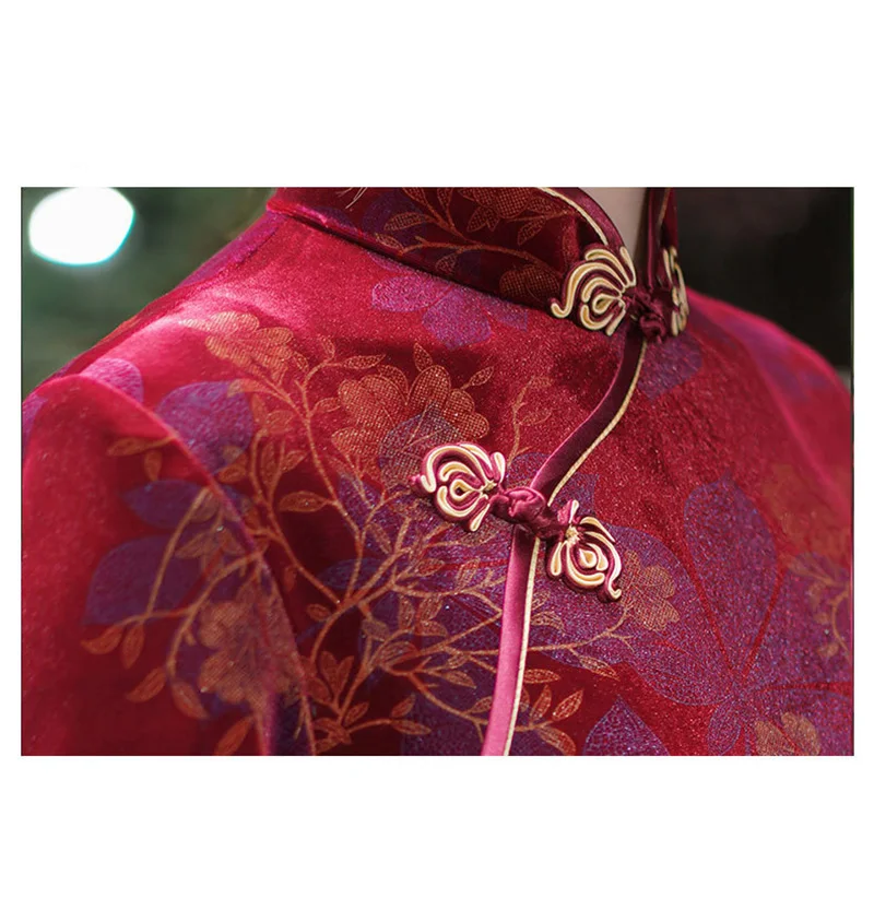 Женское платье-Ципао с длинным рукавом темно-синее винтажное облегающее