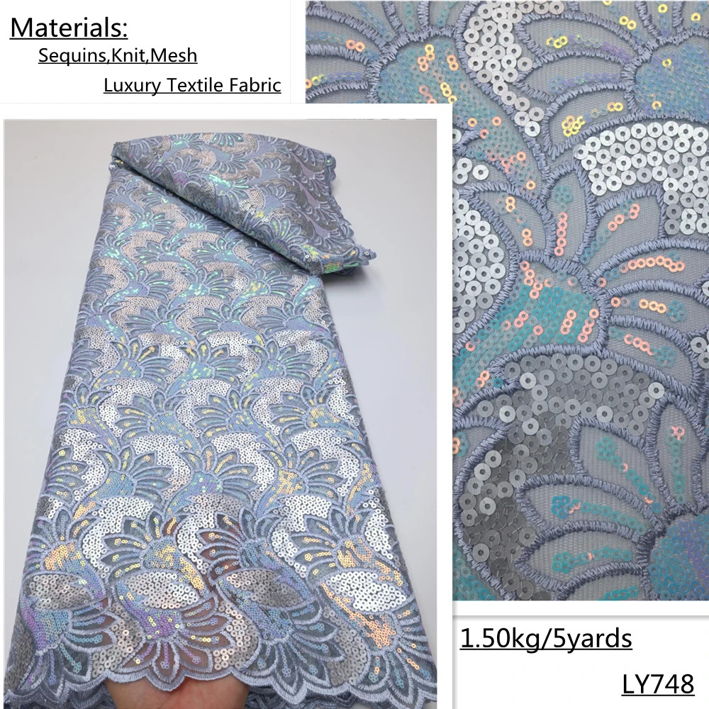 

PGC Silver 2022 Women's Sewing Textile Materials 5 Yards High Quality Nigerian Lace Fabric With Sequins For Bridal Dress LY747