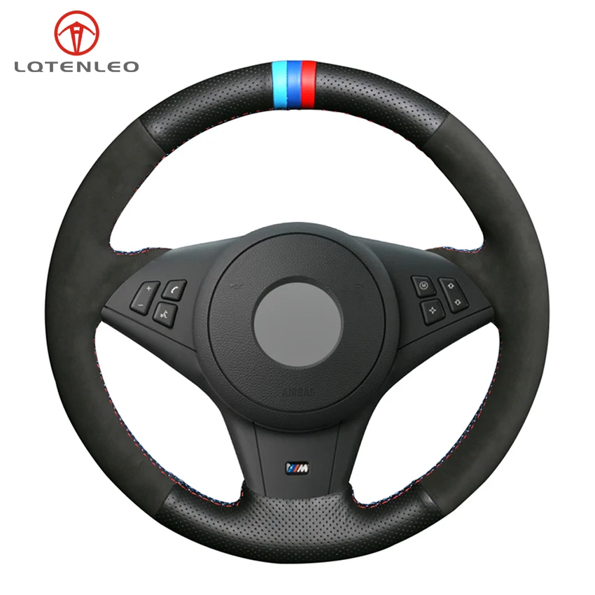 LQTENLEO Car Steering Wheel Cover Black Genuine Leather Suede for BMW E60 E61 530d 545i 550i E63 E64 630i 645Ci 650i 2003-2010