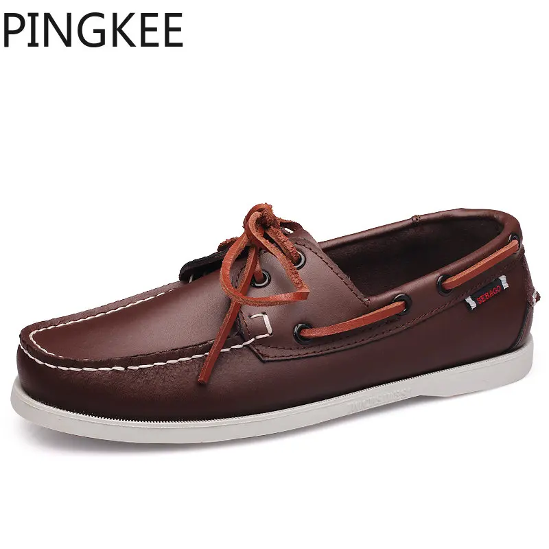 

PINGKEE Round Toe Slip On Loafers Genuine Hand Sewn Leather Uppers Moccasin Two Brass Eyelets Rubber Outsole Men Boat Shoes