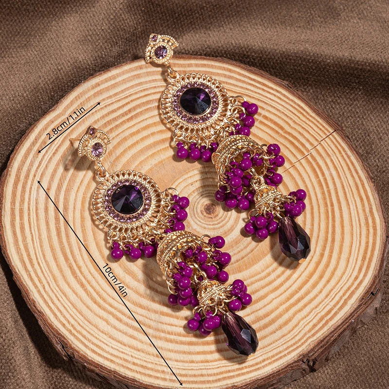 Винтажные длинные серьги с фиолетовыми кристаллами Jhumka Женские Висячие из