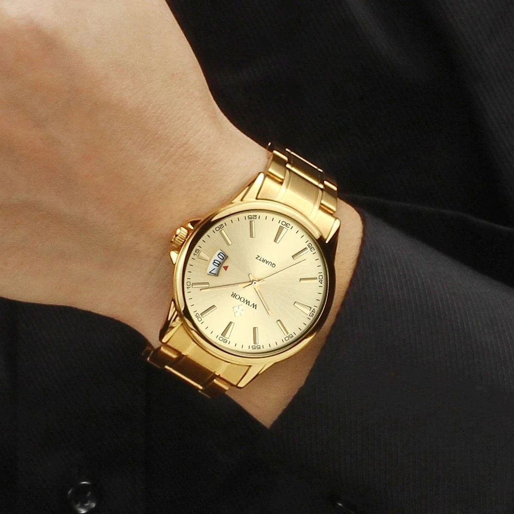 

WWOOR 2022 Watch For Men Top Luxury Fashion Gold Wristwatch Quartz Stainless Steel Sport Waterproof Watch Men Relogio Masculino