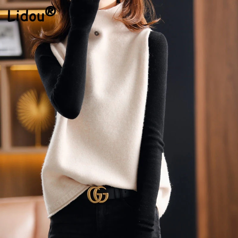 New Women 2022 Elegant Fashion Turtleneck Pullover Sweater Vest Spring Autumn Loose Warm Solid Knit Sleeveless Waistcoat Female