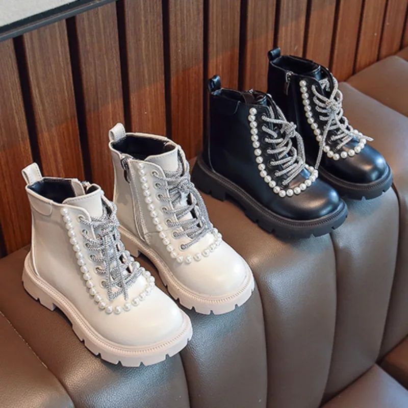 

Girl Shoe Girl Boot Autumn Soft Leather Kids Shoes Pearl Princess Shoe Round Toe Children Ankle Boots Plush Non-slip Botas Mujer
