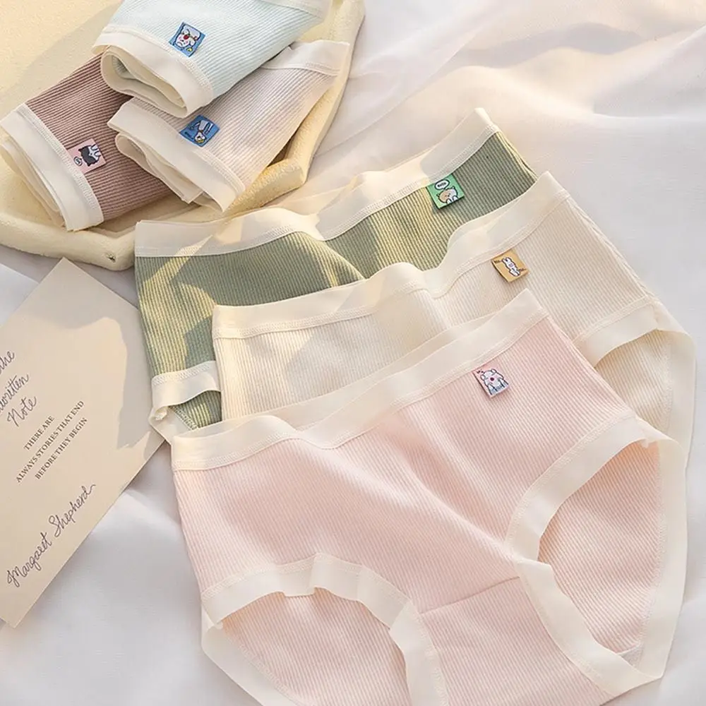 

Бактериальные дышащие однотонные Мультяшные тканевые бесшовные трусы с этикеткой, нижнее белье средней талией, женское нижнее белье
