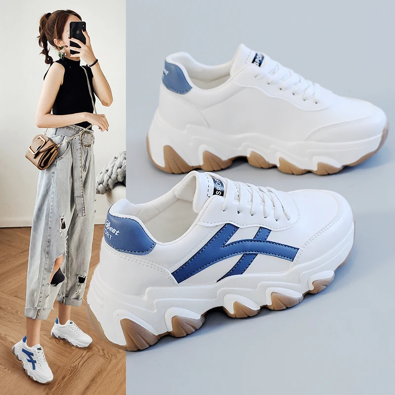 

2021 New Arrival Women Thick Bottom Running Shoes Fashion Leather Comfortable Sneakers Female Breathable Travel Walking Shoes