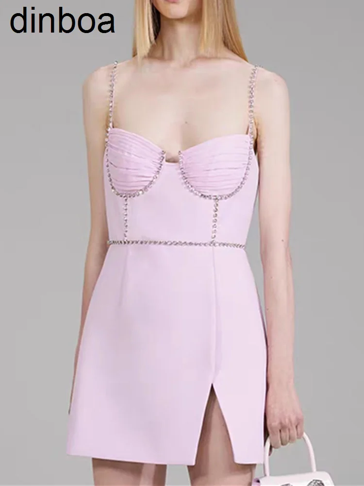 

Dinboa Women Rhinestone Sling Dress Sleeveless Slim Summer 2023 Sexy Slit Female Mini Robes
